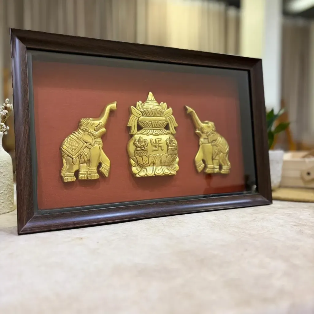 Brass Elephant Kalash Set Wall Hanging Frame